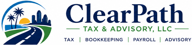 ClearPath Tax & Advisory, LLC logo: a road leading toward a palm-lined waterfront skyline, with the tagline Tax, Bookkeeping, Payroll, Advisory.